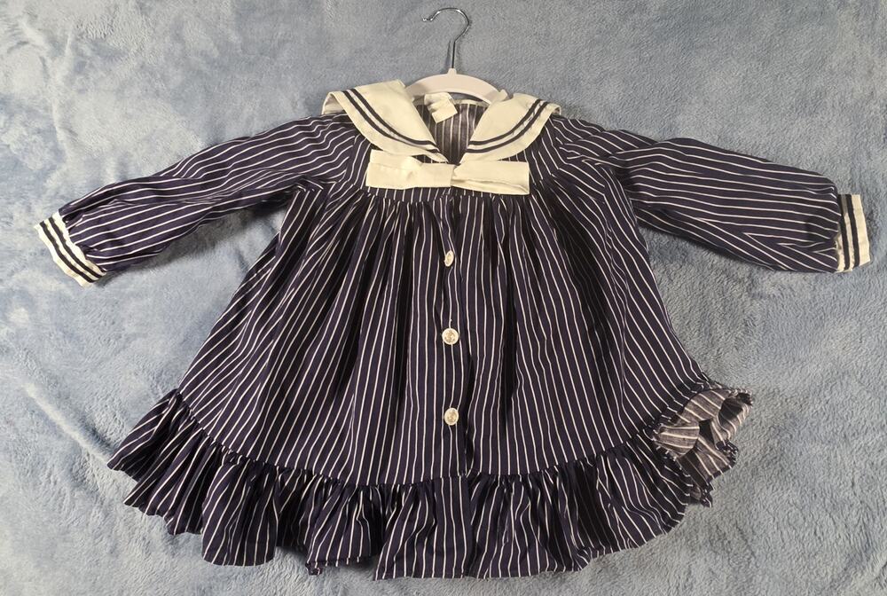 Vintage 1970s Bryan Girls Sailor Dress Size 4 Navy Pinstripe Ruffle Hem